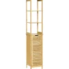 Meuble colonne rangement salle de bain style cosy dim. 34L x 30l x 173H cm porte à lattes 3 étagères bambou MDF aspect bois clair