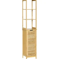 Meuble colonne rangement salle de bain style cosy dim. 34L x 30l x 173H cm porte à lattes 3 étagères bambou MDF aspect bois clair