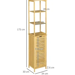 Meuble colonne rangement salle de bain style cosy dim. 34L x 30l x 173H cm porte à lattes 3 étagères bambou MDF aspect bois clair