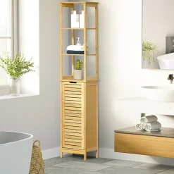 Meuble colonne rangement salle de bain style cosy dim. 34L x 30l x 173H cm porte à lattes 3 étagères bambou MDF aspect bois clair
