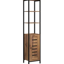 Meuble colonne rangement salle de bain style cosy dim. 37L x 30l x 167H cm 3 étagères porte ajourée acier noir aspect bois