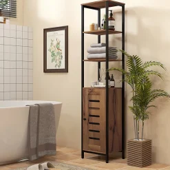 Meuble colonne rangement salle de bain style cosy dim. 37L x 30l x 167H cm 3 étagères porte ajourée acier noir aspect bois