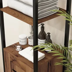 Meuble colonne rangement salle de bain style cosy dim. 37L x 30l x 167H cm 3 étagères porte ajourée acier noir aspect bois