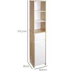Meuble colonne rangement salle de bain style cosy 3 niches tiroir placard avec étagère blanc aspect chêne clair