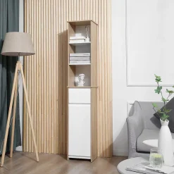 Meuble colonne rangement salle de bain style cosy 3 niches tiroir placard avec étagère blanc aspect chêne clair