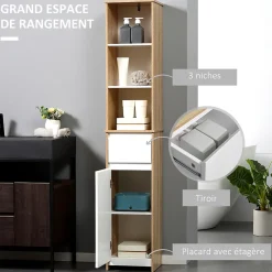 Meuble colonne rangement salle de bain style cosy 3 niches tiroir placard avec étagère blanc aspect chêne clair