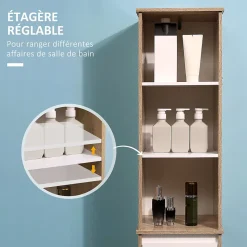 Meuble colonne rangement salle de bain style cosy 3 niches tiroir placard avec étagère blanc aspect chêne clair