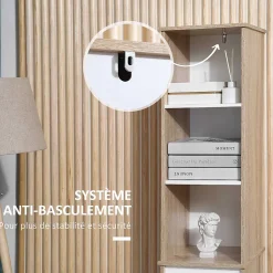 Meuble colonne rangement salle de bain style cosy 3 niches tiroir placard avec étagère blanc aspect chêne clair