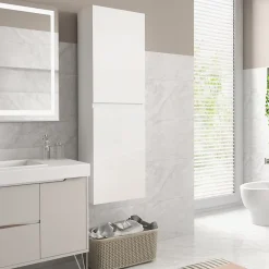 Meuble colonne rangement salle de bain style contemporain façade laquée 2 portes étagères blanc
