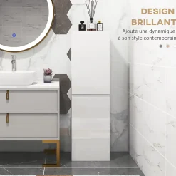 Meuble colonne rangement salle de bain style contemporain façade laquée 2 portes étagères blanc