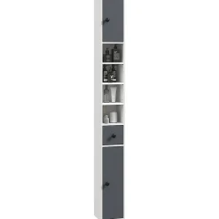 Meuble colonne salle de bain 2 portes 2 étagères 4 niches tiroir poignées métal noir panneaux blanc gris