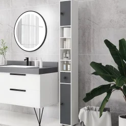 Meuble colonne salle de bain 2 portes 2 étagères 4 niches tiroir poignées métal noir panneaux blanc gris