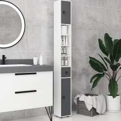 Meuble colonne salle de bain 2 portes 2 étagères 4 niches tiroir poignées métal noir panneaux blanc gris