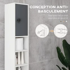 Meuble colonne salle de bain 2 portes 2 étagères 4 niches tiroir poignées métal noir panneaux blanc gris