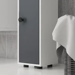 Meuble colonne salle de bain 2 portes 2 étagères 4 niches tiroir poignées métal noir panneaux blanc gris