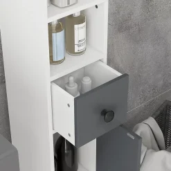 Meuble colonne salle de bain 2 portes 2 étagères 4 niches tiroir poignées métal noir panneaux blanc gris