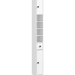 Meuble colonne salle de bain 2 portes 2 étagères 4 niches tiroir poignées métal noir panneaux blanc