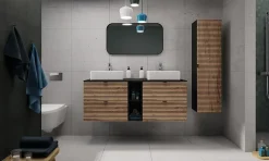 Meuble colonne suspendu de salle de bain AURA LOFT noir et chêne 35/136 cm
