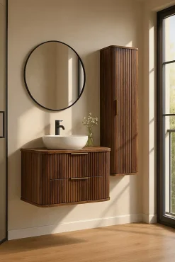 Meuble colonne suspendu de salle de bain GLAMOUR coloris noyer foncé 35 x 139 cm