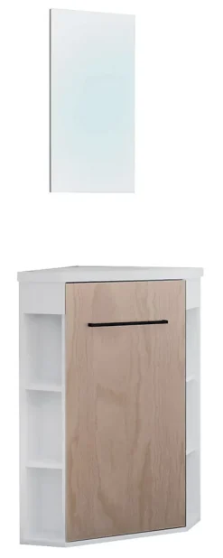 Meuble d’angle tout en un compact H.84 x l.46 cm, blanc mat, porte décor bois, Nova