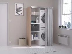 Meuble de buanderie avec rideau pour double machine à laver - Naturel clair - L111 x H184 cm - JAZANO
