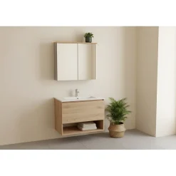 Meuble de rangement de salle de bain ERMANO Finition bois et gris brillant, 80 cm