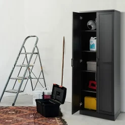 Meuble de Rangement Haute à 5 Niveaux Meuble Autoportant avec Doubles Portes et étagères Ajustables Antibasculement Noir