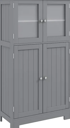 Meuble de Rangement Placard Buffet sur Pied avec Etagère Réglable avec 4 Portes et Verre Trempé Gris
