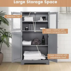 Meuble de Rangement Placard Buffet sur Pied avec Etagère Réglable avec 4 Portes et Verre Trempé Gris