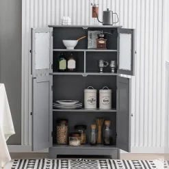 Meuble de Rangement Placard Buffet sur Pied avec Etagère Réglable avec 4 Portes et Verre Trempé Gris