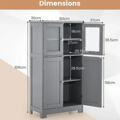 Meuble de Rangement Placard Buffet sur Pied avec Etagère Réglable avec 4 Portes et Verre Trempé Gris