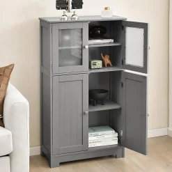 Meuble de Rangement Placard Buffet sur Pied avec Etagère Réglable avec 4 Portes et Verre Trempé Gris