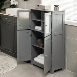 Meuble de Rangement Placard Buffet sur Pied avec Etagère Réglable avec 4 Portes et Verre Trempé Gris