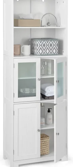 Meuble de Rangement pour Salle de Bain avec 3 Parties, Rangement 6 Niveaux avec 2 étagères Ouvertes et 2 Compartiments, Blanc