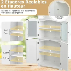 Meuble de Rangement pour Salle de Bain avec 3 Parties, Rangement 6 Niveaux avec 2 étagères Ouvertes et 2 Compartiments, Blanc