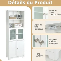 Meuble de Rangement pour Salle de Bain avec 3 Parties, Rangement 6 Niveaux avec 2 étagères Ouvertes et 2 Compartiments, Blanc