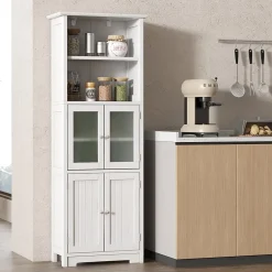 Meuble de Rangement pour Salle de Bain avec 3 Parties, Rangement 6 Niveaux avec 2 étagères Ouvertes et 2 Compartiments, Blanc