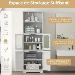 Meuble de Rangement pour Salle de Bain avec 3 Parties, Rangement 6 Niveaux avec 2 étagères Ouvertes et 2 Compartiments, Blanc