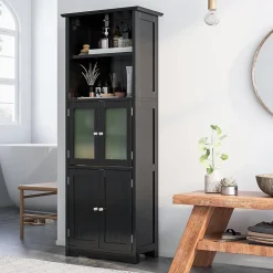 Meuble de Rangement pour Salle de Bain avec 3 Parties,6 Niveaux ,2 Étagères et 2 Compartiments,Portes en Verre et Poignées(Noir)