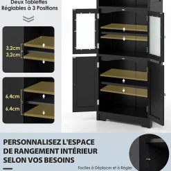 Meuble de Rangement pour Salle de Bain avec 3 Parties,6 Niveaux ,2 Étagères et 2 Compartiments,Portes en Verre et Poignées(Noir)