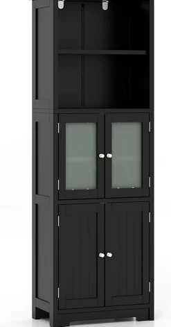 Meuble de Rangement pour Salle de Bain avec 3 Parties,6 Niveaux ,2 Étagères et 2 Compartiments,Portes en Verre et Poignées(Noir)