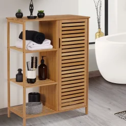Meuble de rangement salle de bain bambou BEA 3 étagères avec placard