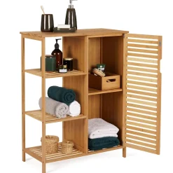 Meuble de rangement salle de bain bambou BEA 3 étagères avec placard