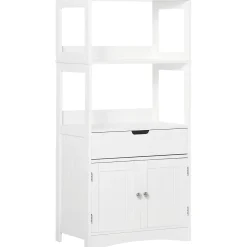 Meuble de rangement salle de bain - 2 portes, tiroir, 3 étagères - dim. 60L x 33l x 122H cm - MDF blanc