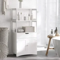 Meuble de rangement salle de bain - 2 portes, tiroir, 3 étagères - dim. 60L x 33l x 122H cm - MDF blanc