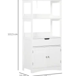 Meuble de rangement salle de bain - 2 portes, tiroir, 3 étagères - dim. 60L x 33l x 122H cm - MDF blanc