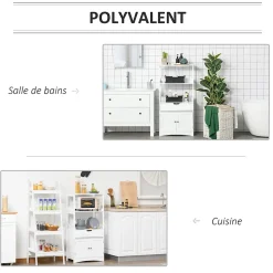 Meuble de rangement salle de bain - 2 portes, tiroir, 3 étagères - dim. 60L x 33l x 122H cm - MDF blanc