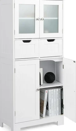 Meuble de Rangement sur Pied avec Compartiment à Porte en Verre Trempé 2 Tiroirs et 1 Cabinet Clôturé Meuble dIntérieur