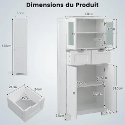 Meuble de Rangement sur Pied avec Compartiment à Porte en Verre Trempé 2 Tiroirs et 1 Cabinet Clôturé Meuble dIntérieur