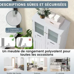 Meuble de Rangement sur Pied avec Compartiment à Porte en Verre Trempé 2 Tiroirs et 1 Cabinet Clôturé Meuble dIntérieur